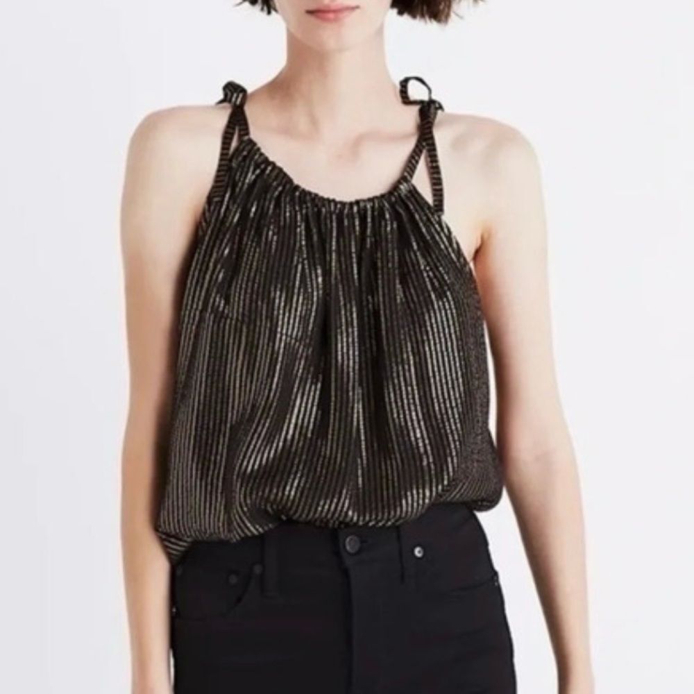 Madewell silk black & gold metallic striped cami top women’s size medium 8